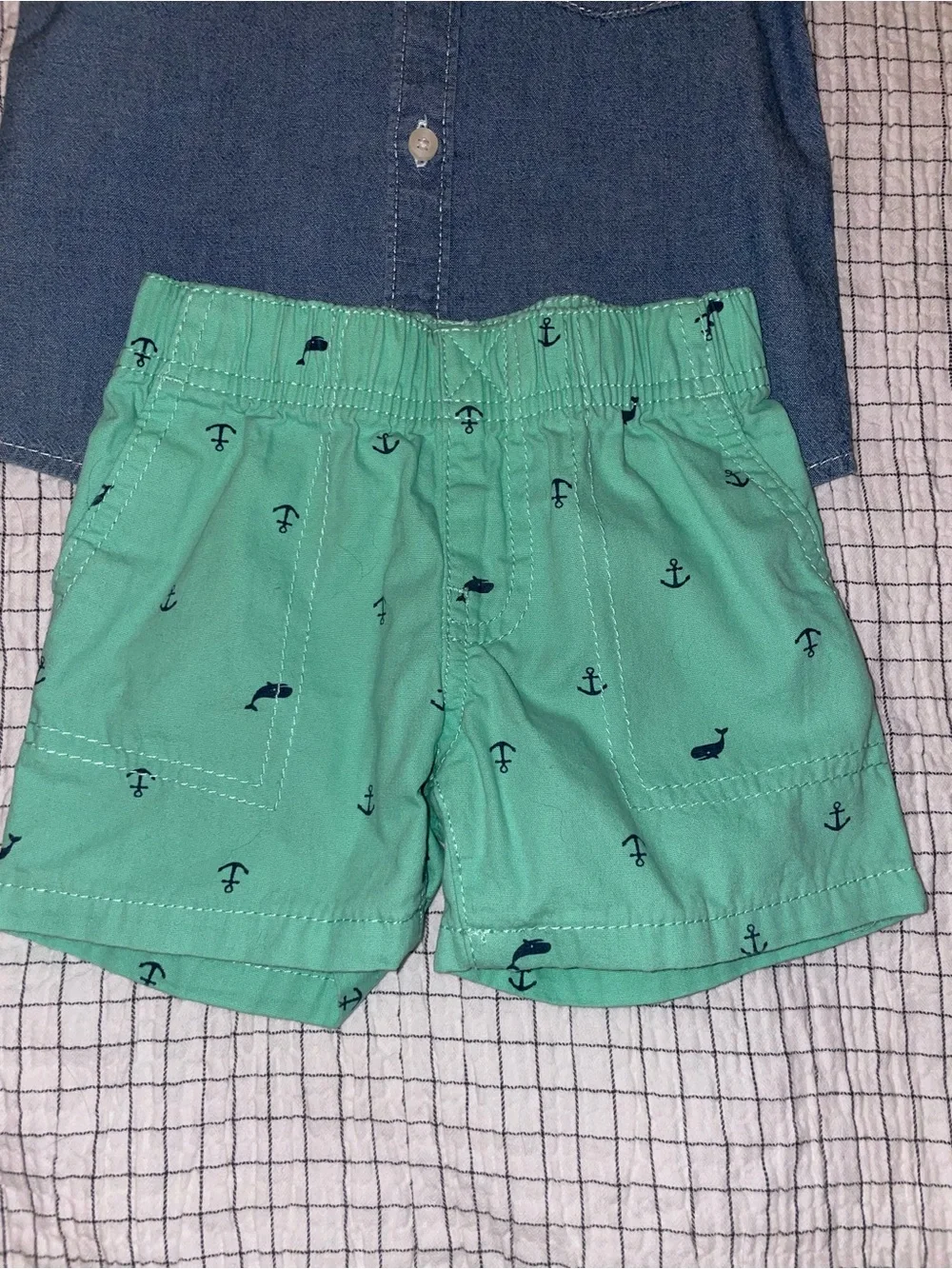 2 PC Carter's Blue Chambray Button-Up Shirt with Mint Anchor Accent and Shorts